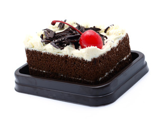 Black forest cake on white background.