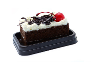 Black forest cake on white background.