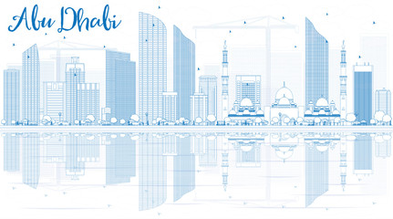 Outline Abu Dhabi City Skyline with Blue Buildings and Reflectio
