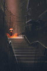 Obraz premium man with lights umbrella standing on stair in the night rain,illustration painting