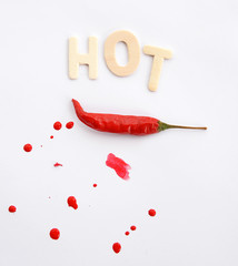 Red chili on white background with text hot.