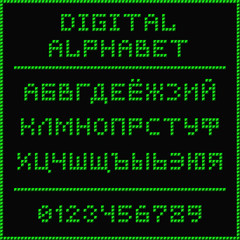 Fototapeta premium Digital alphabet. Font of the green dots - cyrillic capital letters. Vector illustration 10 EPS