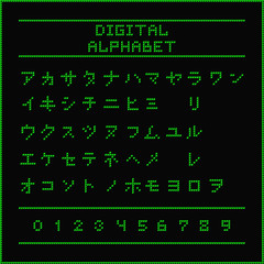 Digital alphabet. Font of the green dots - katakana letters. Vector illustration 10 EPS - obrazy, fototapety, plakaty
