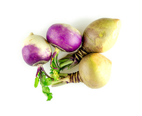 Uncooked, raw salad turnips on white background
