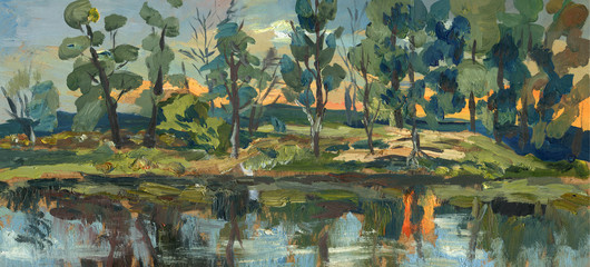 trees on the bank of the river painting - 105745795