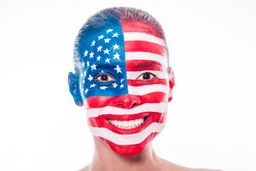 Portrait of a girl with a painted American flag, closeup