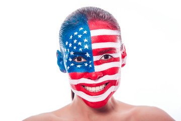 Portrait of a girl with a painted American flag, closeup