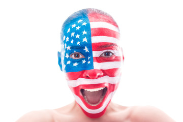 Portrait of a girl with a painted American flag, closeup