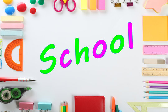 Back to school concept. Frame of colourful concept isolated on white background