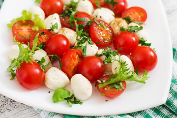 Caprese salad tomato and mozzarella with basil and herbs on a white plate