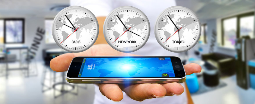 Businessman holding time of the world over his mobile phone