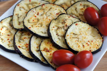 Served fresh baked spicy aubergine