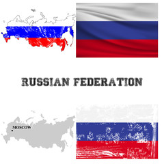 Карта и флаг России в старинном и современном стиле.