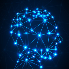 Fototapeta premium Abstract polygonal head with glowing dots and lines, network connections. Vector illustration. Eps 10