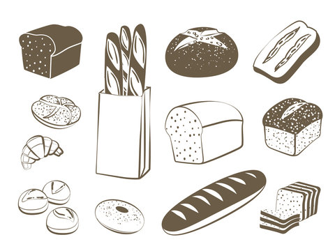 Set of monochrome, lineart food icons: bread - rye bread, ciabatta, wheat bread, whole grain bread, bagel, sliced bread, french baguette, croissant and so. Vector illustration, isolated on white.
