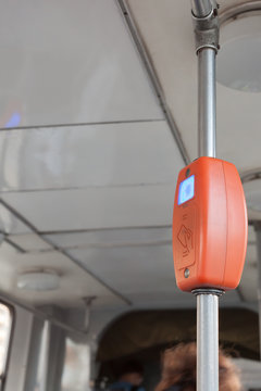 Clsoe-up view of ticket reader onboard a tram