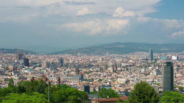 Aerial view of Barcelona in a spring day, timelapse