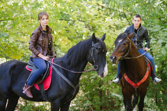 Couple In Love, Horseback Riding, Summer Forest