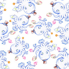 Pencil hand drawn illustration of a funny cartoon octopus