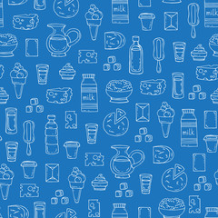 Vector seamless pattern with hand drawn isolated dairy products, milk on blue color - 105754599