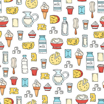 Vector seamless pattern with hand drawn colored dairy products, milk