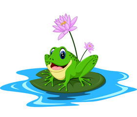 Fototapeta premium funny Green frog cartoon sitting on a leaf 
