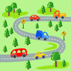 flat cars and road through the woods