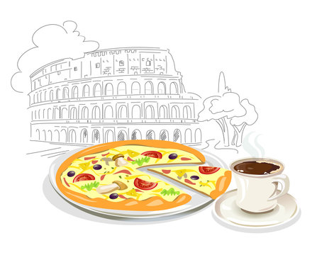 pizza and coffee with colosseum sketch clip art preview