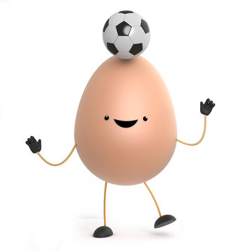3d Cute toy egg balances a soccer ball in his head