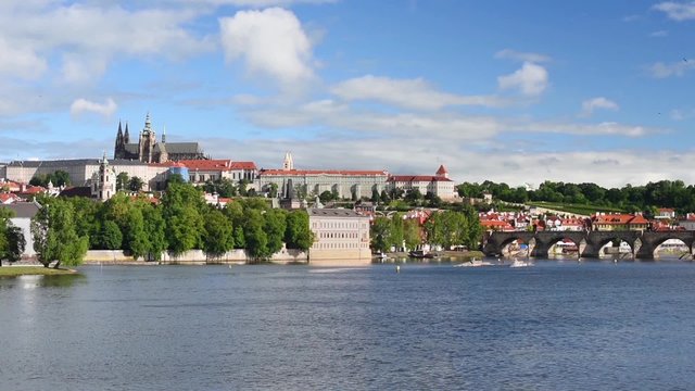 View on Prague and Vltava river at spring morning