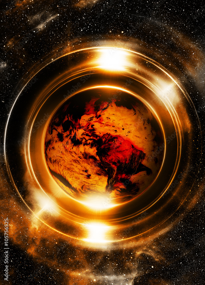 Poster Planet earth in light circle, Cosmic Space background. Computer collage. Earth concept. Elements of this image furnished by NASA.