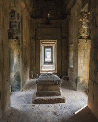 Interior of Banteay Samre Temple with yoni pedestal shrine