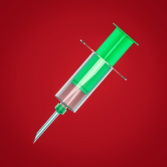 a syringe on the red background