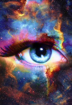 Woman Eye and cosmic space with stars.  abstract color background, eye contact.