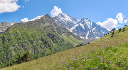 Panoramic view of the mountains from the gently sloping hill