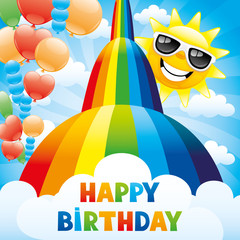 Sun with rainbow and birthday greetings.
