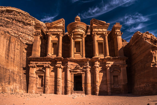 The Monastery Ad Deir ( El Deir)  monumental building carved out of rock in the ancient Jordanian city of Petra