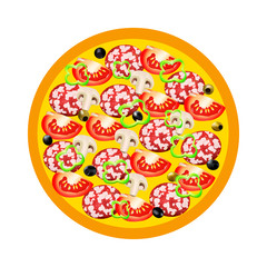 Pizza with salami, peppers, tomatoes, champignon and olives on a white background. Vector illustration. All elements are located on the isolated layers. Isolated on white