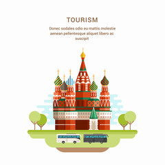 Tourism Concept Flat Style Vector Illustration. Saint Basils Cathedral. Church in Red Square in Moscow, Russia