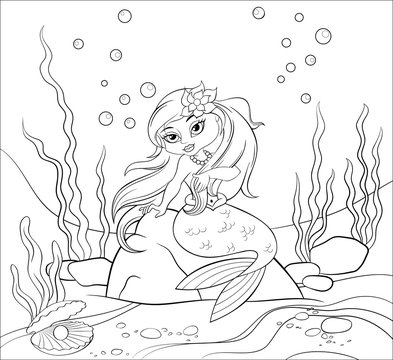 Mermaid sitting on the rock. Black and white illustration for coloring book