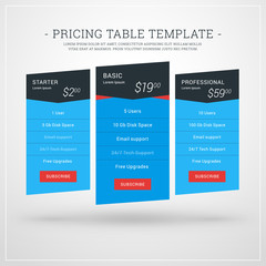 Design Template for Pricing Table for Websites and Applications. Flat Style UI. Vector Illustration