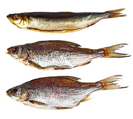 Set of different dried and smoked fishes on a white background