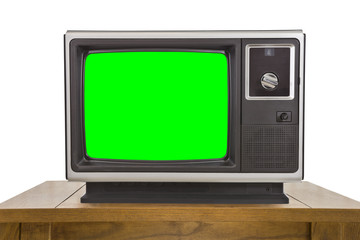 Old Television and with Chroma Key Green Screen Isolated on Whit