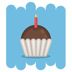 Dessert.Chocolate muffin icon with candle.Chocolate sweets vector .Chocolate muffin isolated on blue background.Chocolate cupcake dessert. Vector Chocolate sweet.Chocolate sweet food 