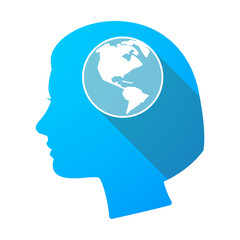 Long shadow female head with an America region world globe