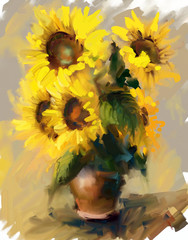Painting. Sunflowers in a vase
