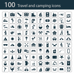 Set of one hundred travel and camping icons