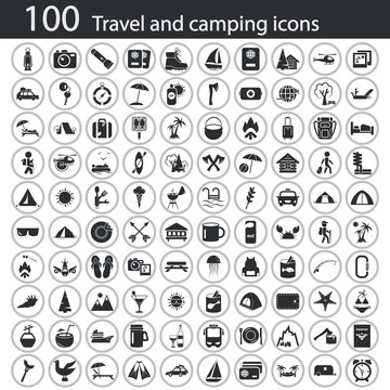 Set of one hundred travel and camping icons