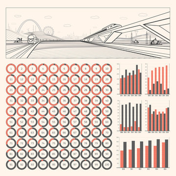 Infrastructure and transport illustration, infographics for your business and transport presentation, mountains, city on background, vector set ring diagrams, from 0 to 100 percent