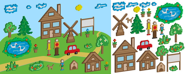 Fototapeta na wymiar The pixel objects and figures for education and children's games